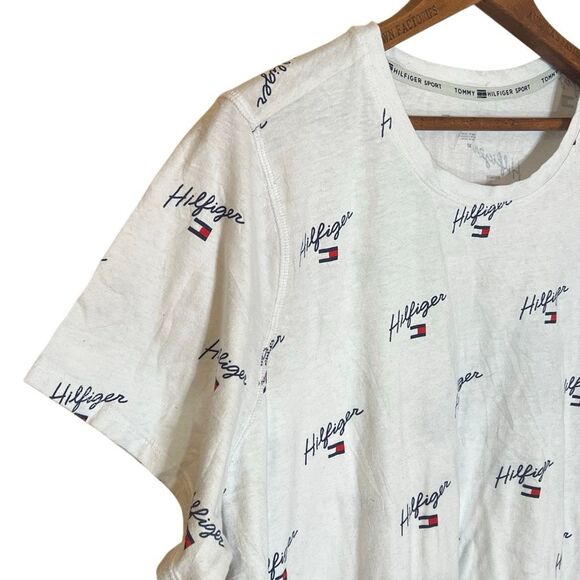 Tommy Hilfiger Sport Allover Logo Print Short Sleeve T-Shirt White Navy Size 1X - Picture 4 of 8